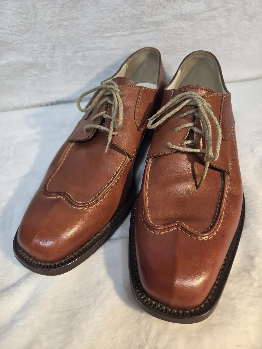 Bruno Magli Italian Platinum Caton Cognac Brown Leather Lace-Up Oxfords Vtg